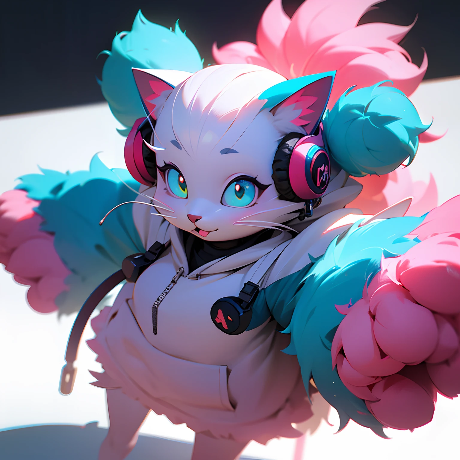 Cute cat with fluffy fur wearing one hoodie and headphones, The background is modern and inorganic, Adorable Digital Painting, 3d rendered, Bright lighting, Vibrant colors,