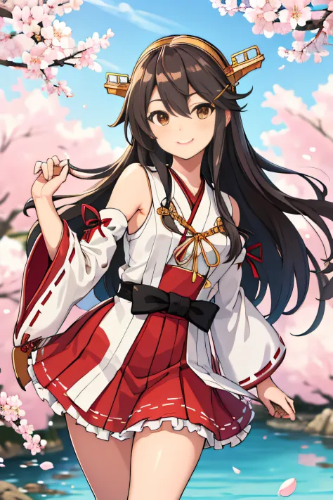 masterpiece, best quality, highres, hmharuna, headgear, hair ornament, hairclip, japanese clothes, detached sleeves, ribbon-trimmed sleeves, red skirt, outdoors, stream, cherry blossoms, smile, cowboy shot, standing