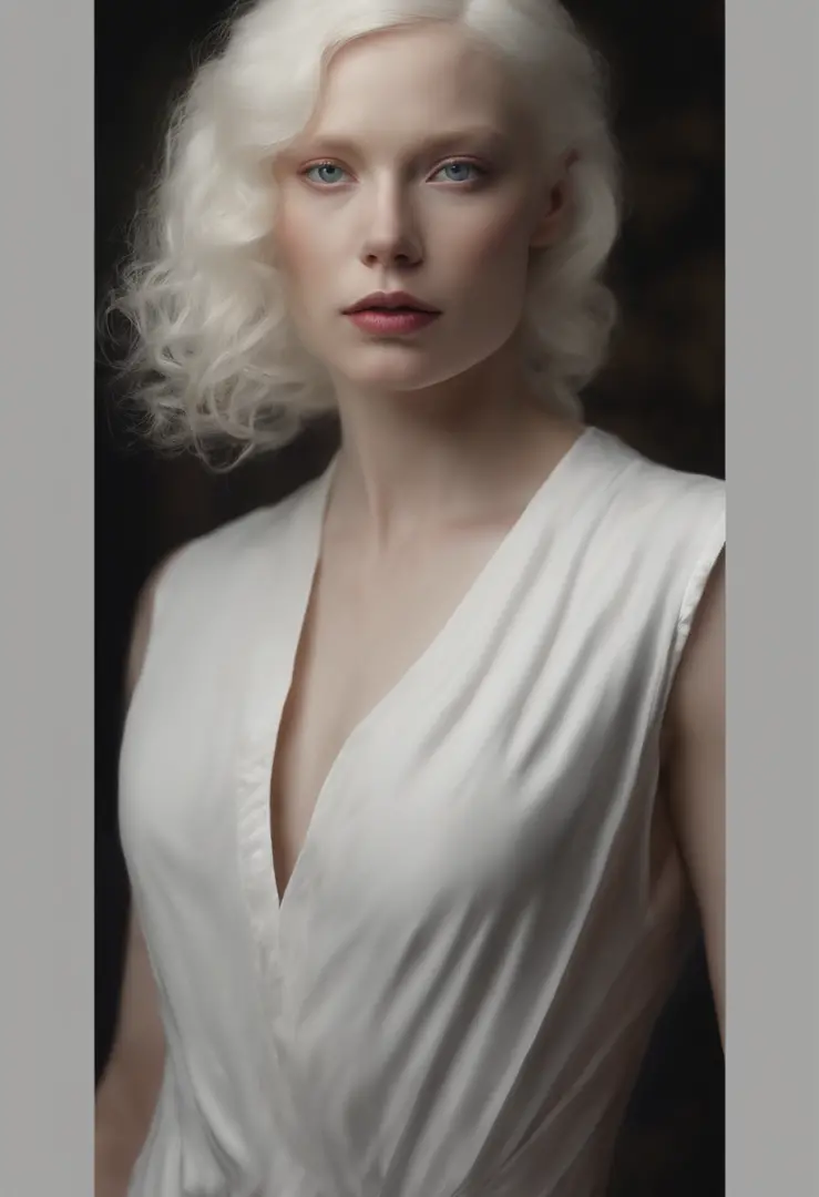 Create a high-quality, hyper-realistic portrait of "Albino paint". Generate an image with high clarity and intricate details, showcasing the character's strength and power in their gaze, while also creating a dark and mysterious atmosphere surrounding them...