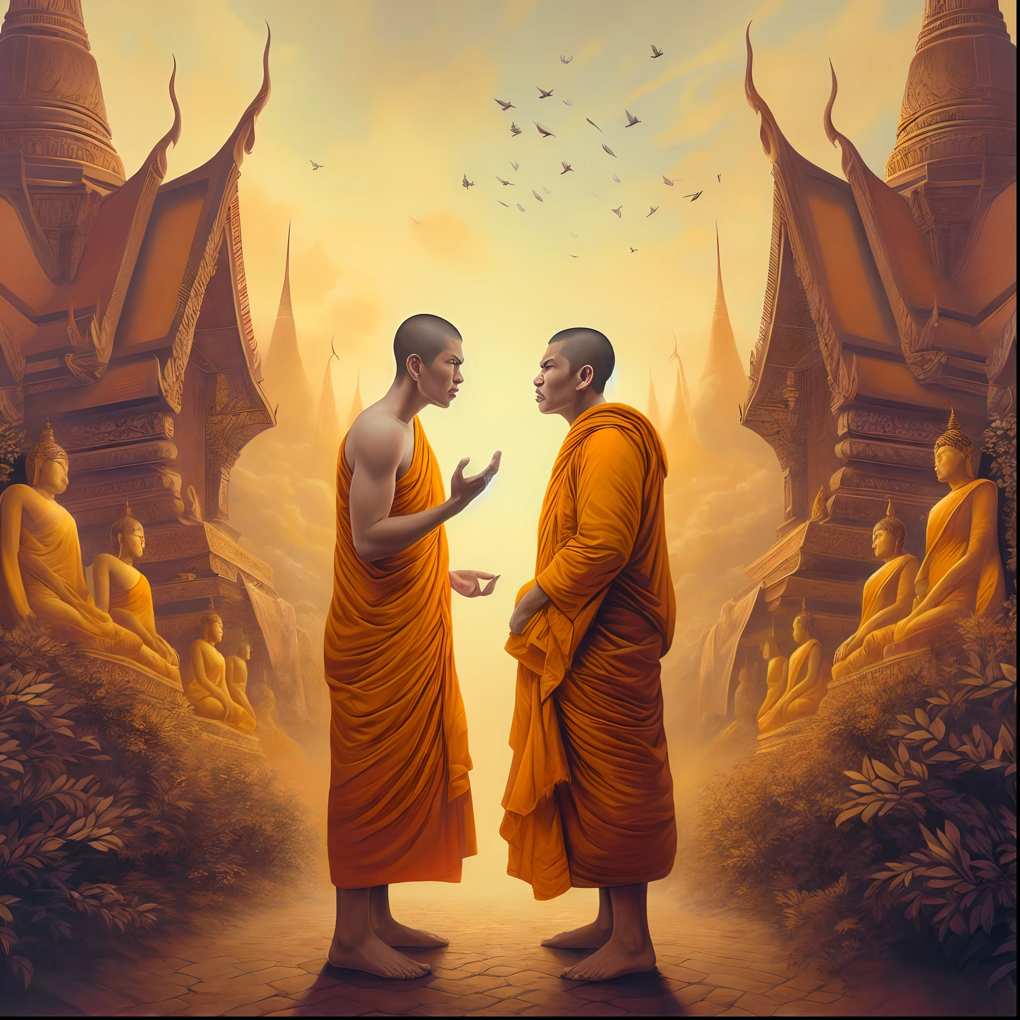 painting of two monks in orange robes talking in front of a temple, tithi luadthong, james gurney and andreas rocha, sylvain sarrailh and igor morski, monks, symmetrical epic fantasy art, ross tran and michael whelan, beeple and jean giraud, yuri shwedoff and tom bagshaw