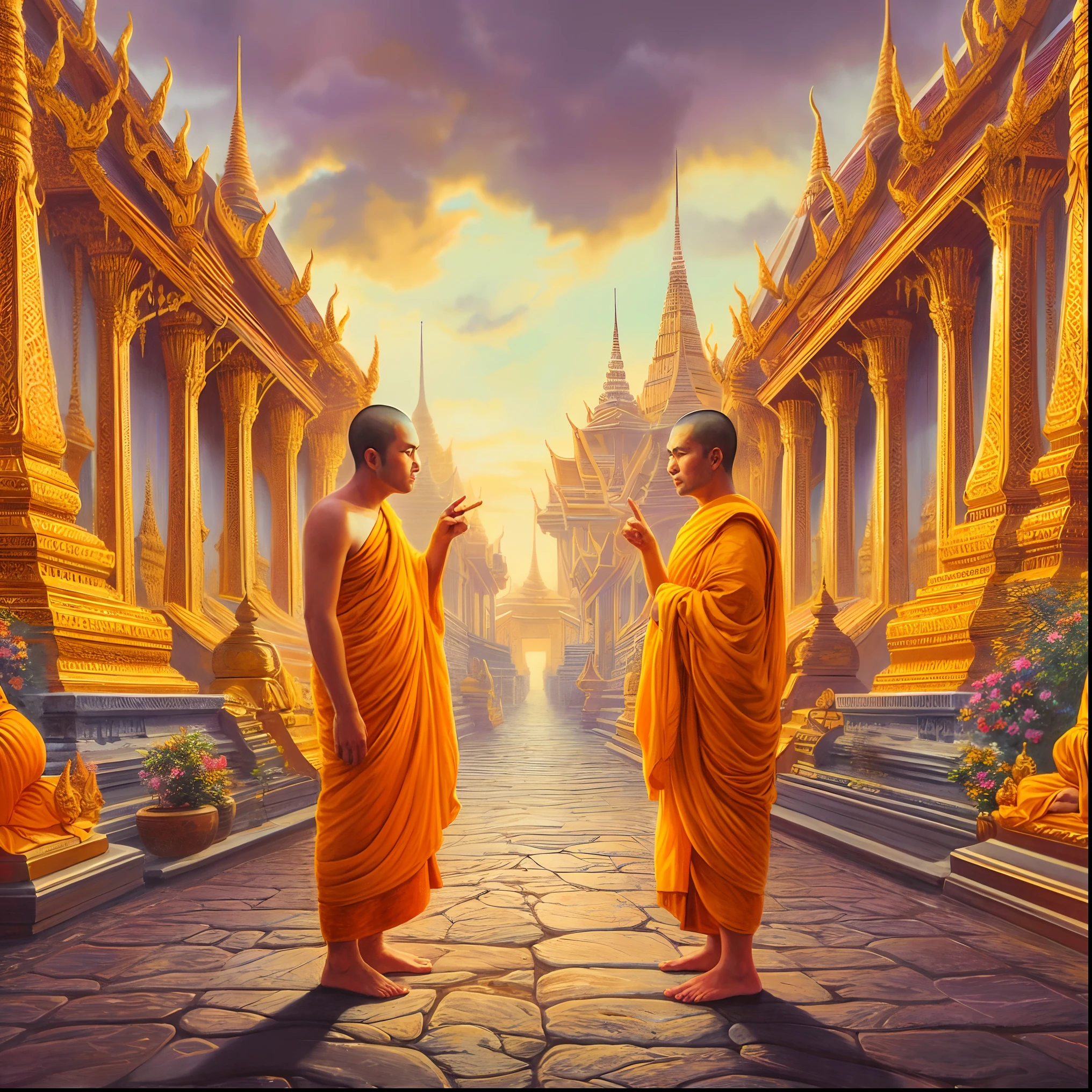 two monks in orange robes standing in a temple courtyard, on path to enlightenment, thailand art, on the path to enlightenment, buddhism, inspired by the Brothers Hildebrandt, tithi luadthong, monks, james gurney and andreas rocha, spiritual imagination of duality, yellow robes, by John La Gatta, inspired by Brothers Hildebrandt, buddhist