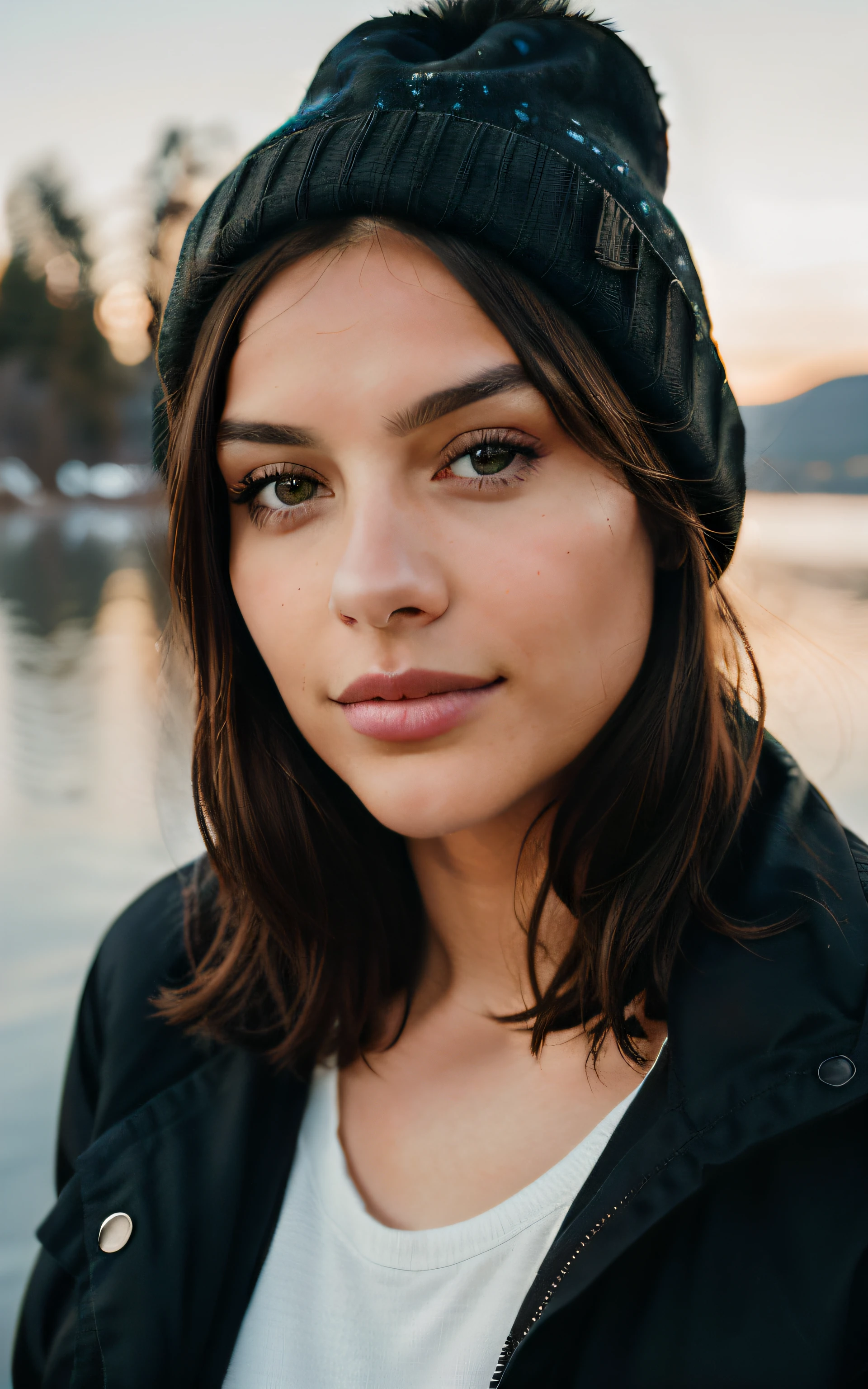 cute beautiful brunette, wearing beanie and winter clothes, by a lake with  a fire, dusky lighting, very detailed - SeaArt AI