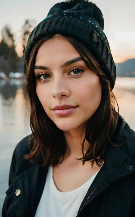 cute beautiful brunette, wearing beanie and winter clothes, by a lake with a fire, dusky lighting, very detailed, 22 years old, flirty face, short hair, brown eyes, high-res, masterpiece, best quality, intricate details, highly detailed, sharp focus, detai...
