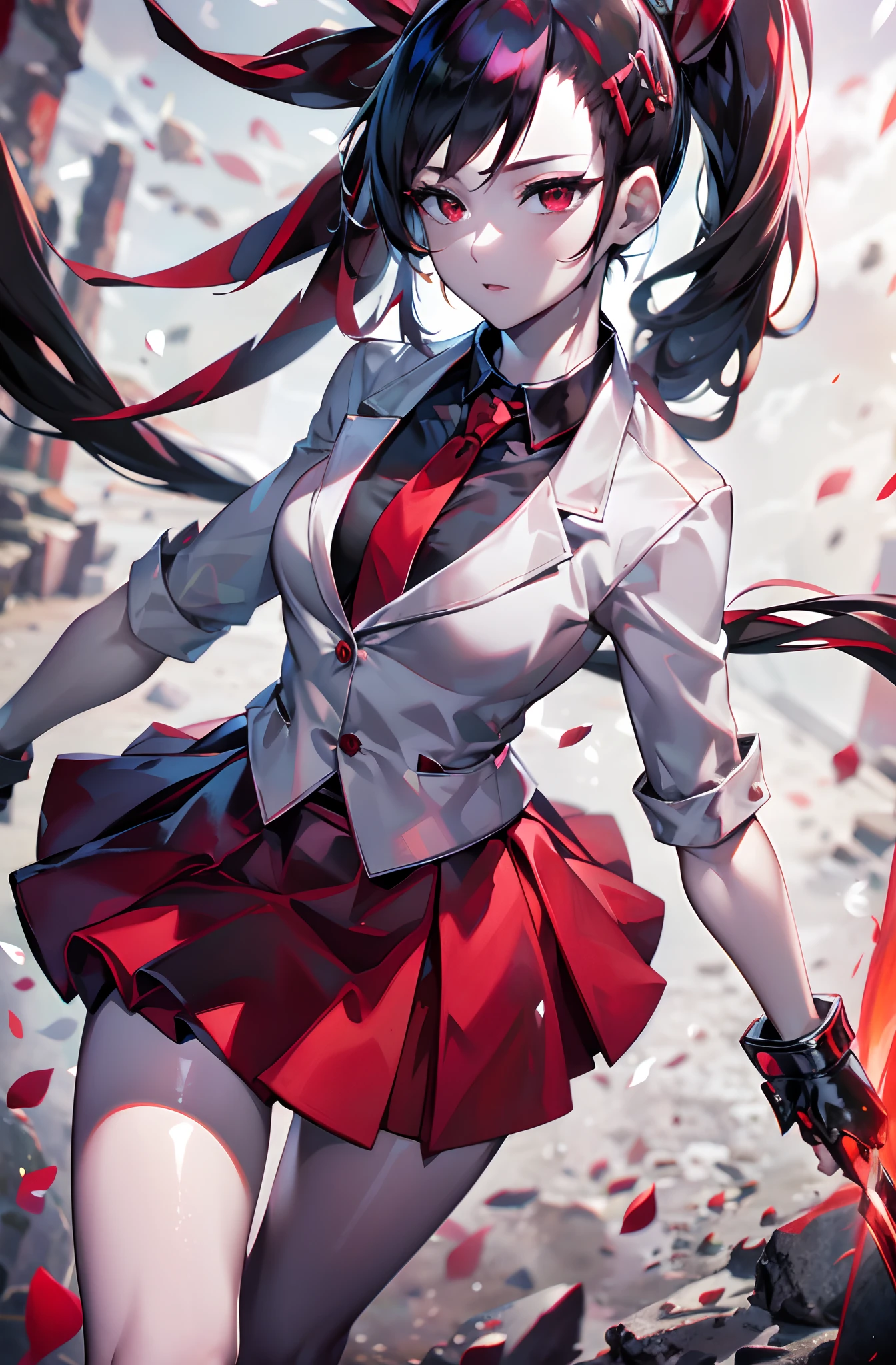 (masterpiece:1.2), (pale skin:1.2), (solo:1.2), (female:1.1), (emphasis lines:1.3), black hair, red eyes, red tie, red skirt, white shirt, red hair ribbon