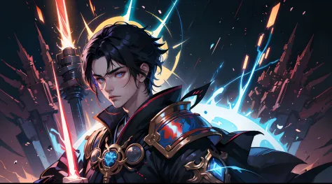 anime boy with neon sword and red and blue light in his hand, light saber, portrait knights of zodiac boy, extremely detailed artgerm, by Yang J, detailed digital anime art, artgerm detailed, astri lohne, cushart krenz key art feminine, ayaka genshin impac...