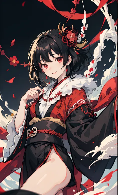 Name is Ranmaru Girl, Black Hair, Pretty Red Eyes, Flower Hair Ornament, Gentle Smile, Fair Skin, Two-Dimensional, Night Scene with Background, Simple Japanese Clothes