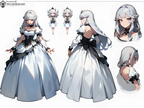 ((masterpiece)),(((bestquality))),(Character design sheet,Same character.,Front,side,back),illustration,1 girl,silver-haired,princess cut,Hair on the eyes,beautidul eyes,Environment, scene changes, Pose with me., Gorgeous Princess Dresses, Magic, Charcoal ...