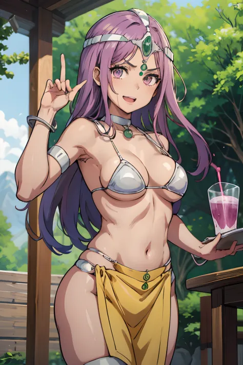 masutepiece, Best Quality, Boobs Boobs DQ Breasts、Show、Maniya, circlet, Choker, Bracelet, armlet, bikini of, fundoshi, Large breasts, Dynamic Pose, :D, furrowed brow, Looking at Viewer, Cowboy Shot, vila, boulders, mountainscape, Trees, Fluttering the ches...