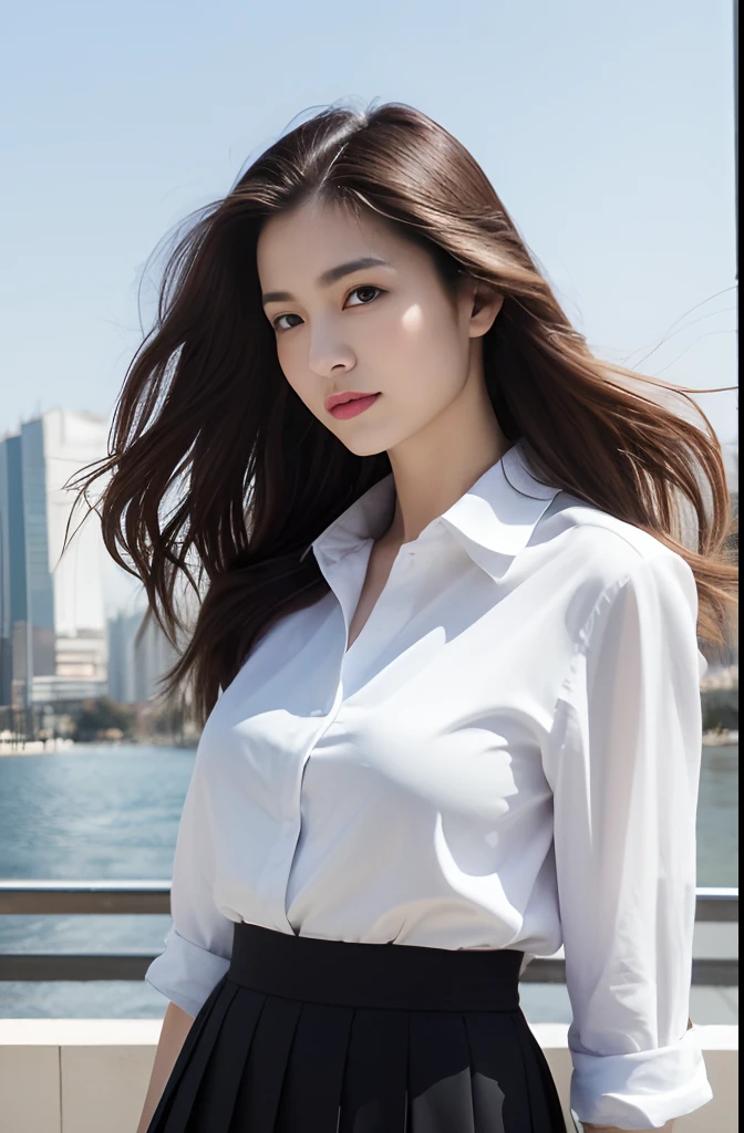 (Best quality, High resolution, Masterpiece :1.3), A tall and pretty woman, Slender abs, Dark brown hair styled in loose waves, Breasts, White button up shirt, Black pleated skirt, (Modern architecture in background), Details exquisitely rendered in the face and skin texture, Detailed eyes, Double eyelid