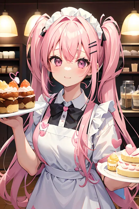 1girl, young girl, pink hair, twintail, half up, two side up, long hair, bangs, hair ribbons, (a hair pin), in the maid cafe, we...