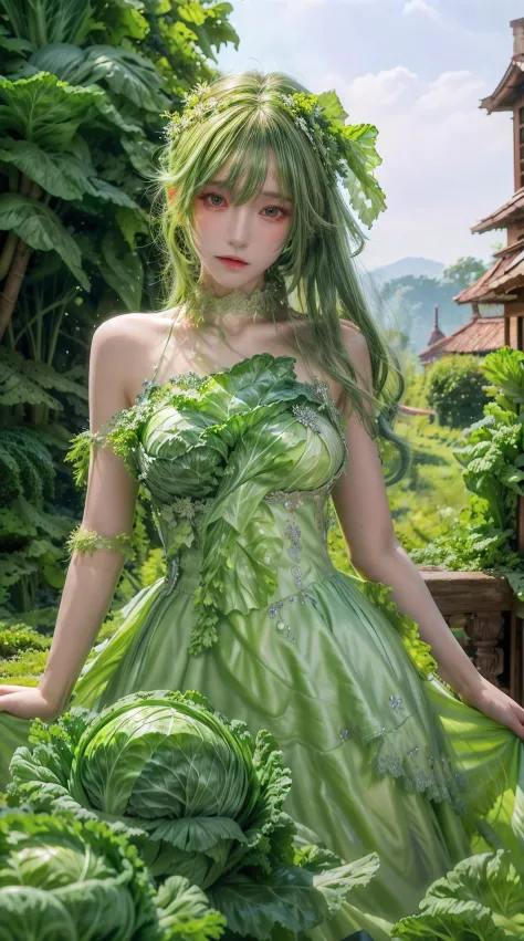 Masterpiece, super detailed, highest image quality, 1 girl, solo, long green hair, cabbage dress, exquisite jewelry, outdoor,