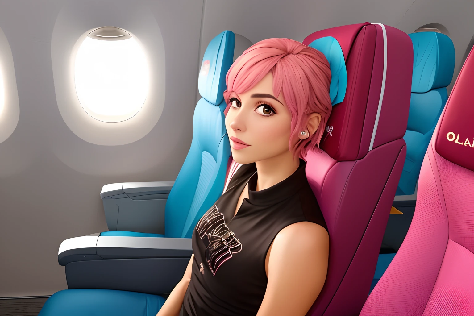 Hay una mujer sentada en un avión con cabello rosado - SeaArt AI