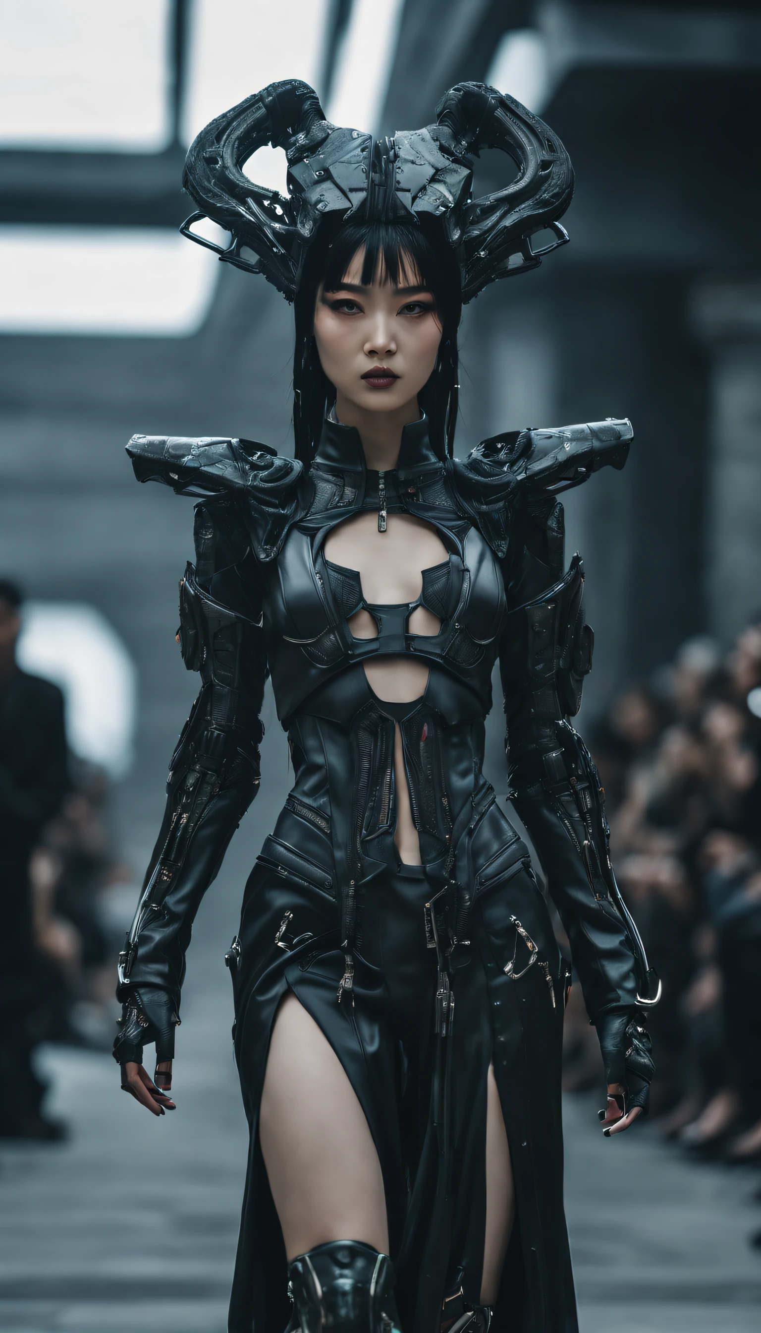 A fashion runway for alien technology , Cyberpunk fashion photography , Inspired by Chinese Xianxia and dark gothic，A fallen god in Greek mythology，(Best quality,4K,8K,A high resolution,Masterpiece:1.2), (Realistic,Photorealistic,photo-realistic:1.37).