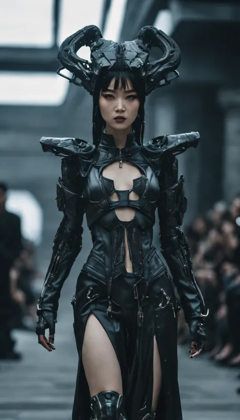 A fashion runway for alien technology , Cyberpunk fashion photography , Inspired by Chinese Xianxia and dark gothic，A fallen god...