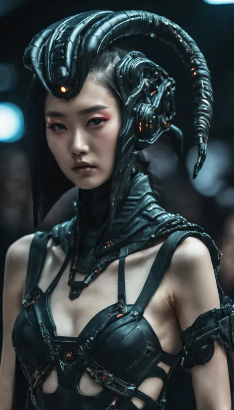 a fashion runway for alien technology , cyberpunk fashion photography , inspired by chinese xianxia and dark gothic，the fallen g...