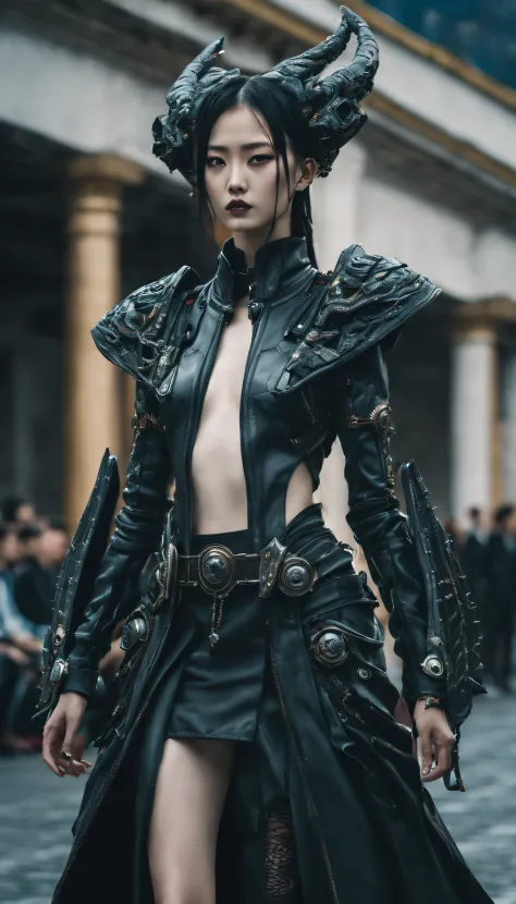 A fashion runway for alien technology , Cyberpunk fashion photography , Inspired by Chinese Xianxia and dark gothic，The fallen g...
