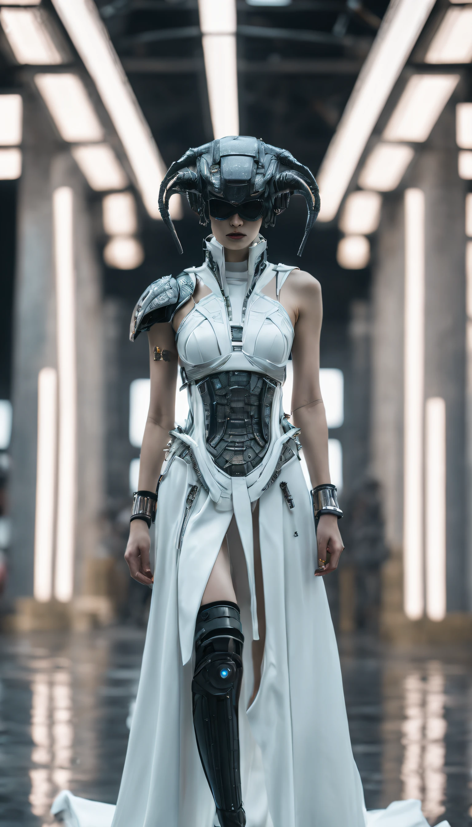 A fashion runway for alien technology , Cyberpunk fashion photography , Inspired by Chinese Xianxia and dark gothic，The fallen gods of Greek mythology，(Best quality,4K,8K,A high resolution,Masterpiece:1.2), (Realistic,Photorealistic,photo-realistic:1.37).