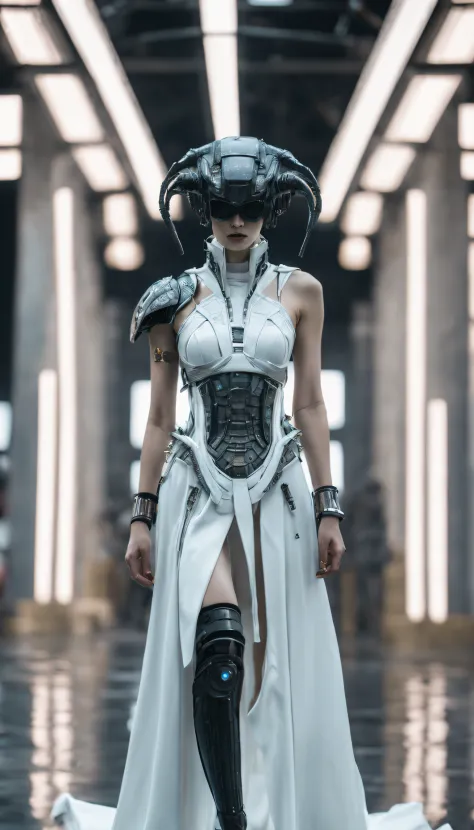 A fashion runway for alien technology , Cyberpunk fashion photography , Inspired by Chinese Xianxia and dark gothic，The fallen g...