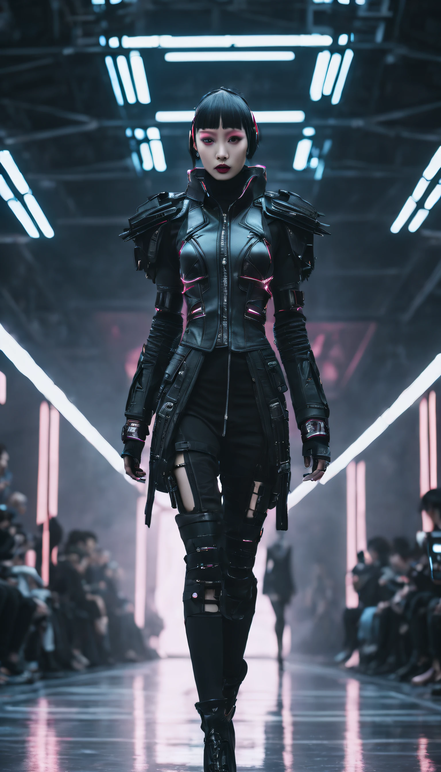 A fashion runway for alien technology , Cyberpunk fashion photography , Inspired by Chinese Xianxia and dark gothic。(Best quality,4K,8K,A high resolution,Masterpiece:1.2), (Realistic,Photorealistic,photo-realistic:1.37).