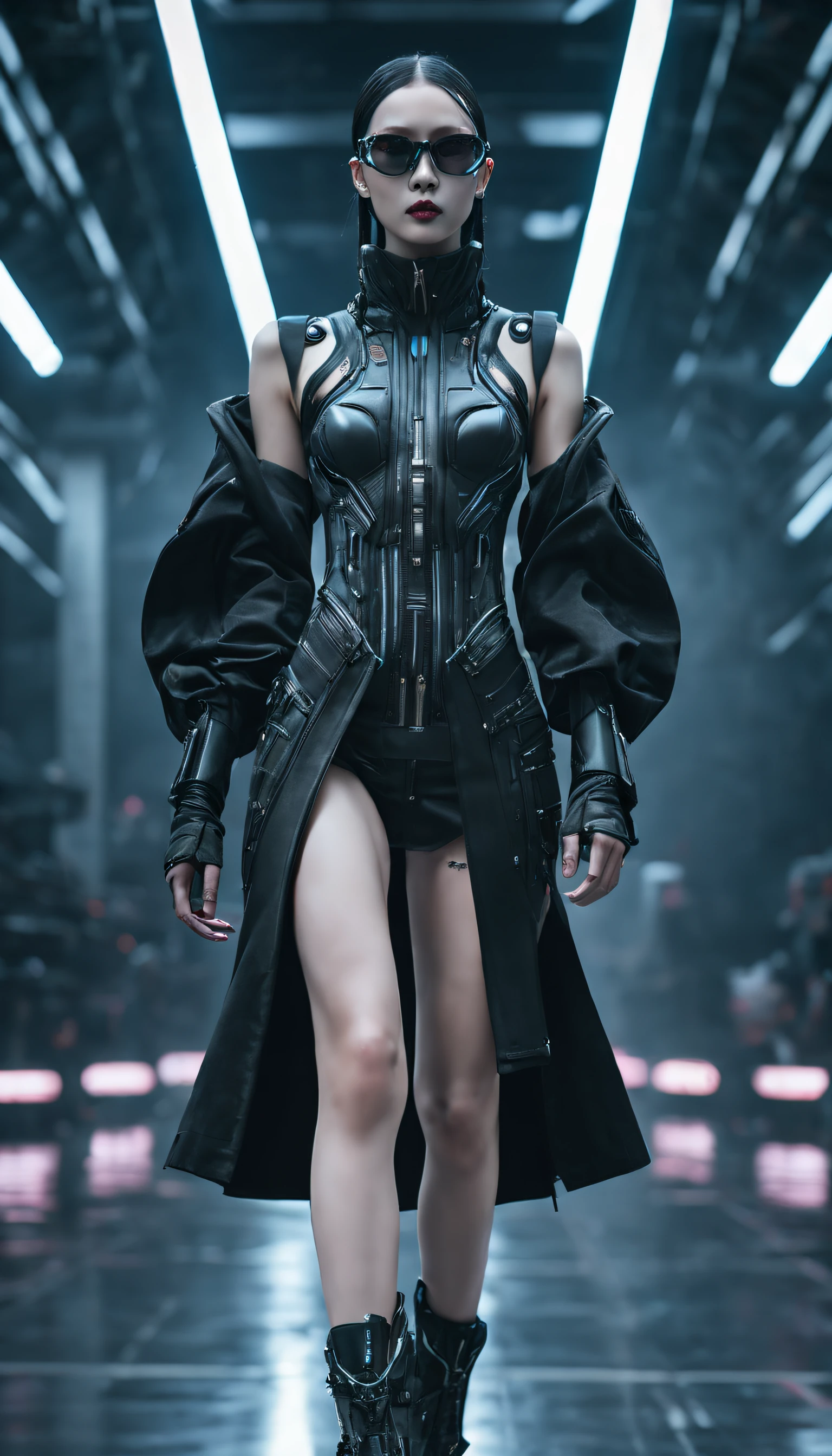 A fashion runway for alien technology , Cyberpunk fashion photography , Inspired by Chinese Xianxia and dark gothic。(Best quality,4K,8K,A high resolution,Masterpiece:1.2), (Realistic,Photorealistic,photo-realistic:1.37).