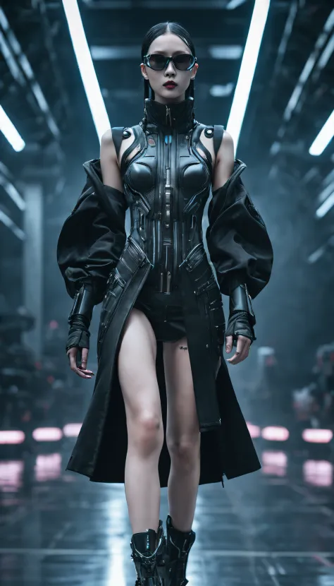 A fashion runway for alien technology , Cyberpunk fashion photography , Inspired by Chinese Xianxia and dark gothic。(Best qualit...