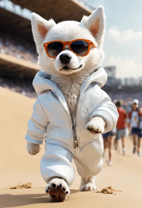 （A little boy in white walks on the catwalk）, （The little boy is holding the dog：1.37）, （Wearing a white jacket：1.37），（Human dog hybrids）,, highly fashionable, （Anthropomorphic dogs：1.1）Doggy, Wearing track suit, Funny dog, （Anthropomorphic dog white trans...
