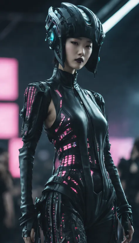 A fashion runway for alien technology , Cyberpunk fashion photography , Inspired by Chinese Xianxia and dark gothic。(Best qualit...