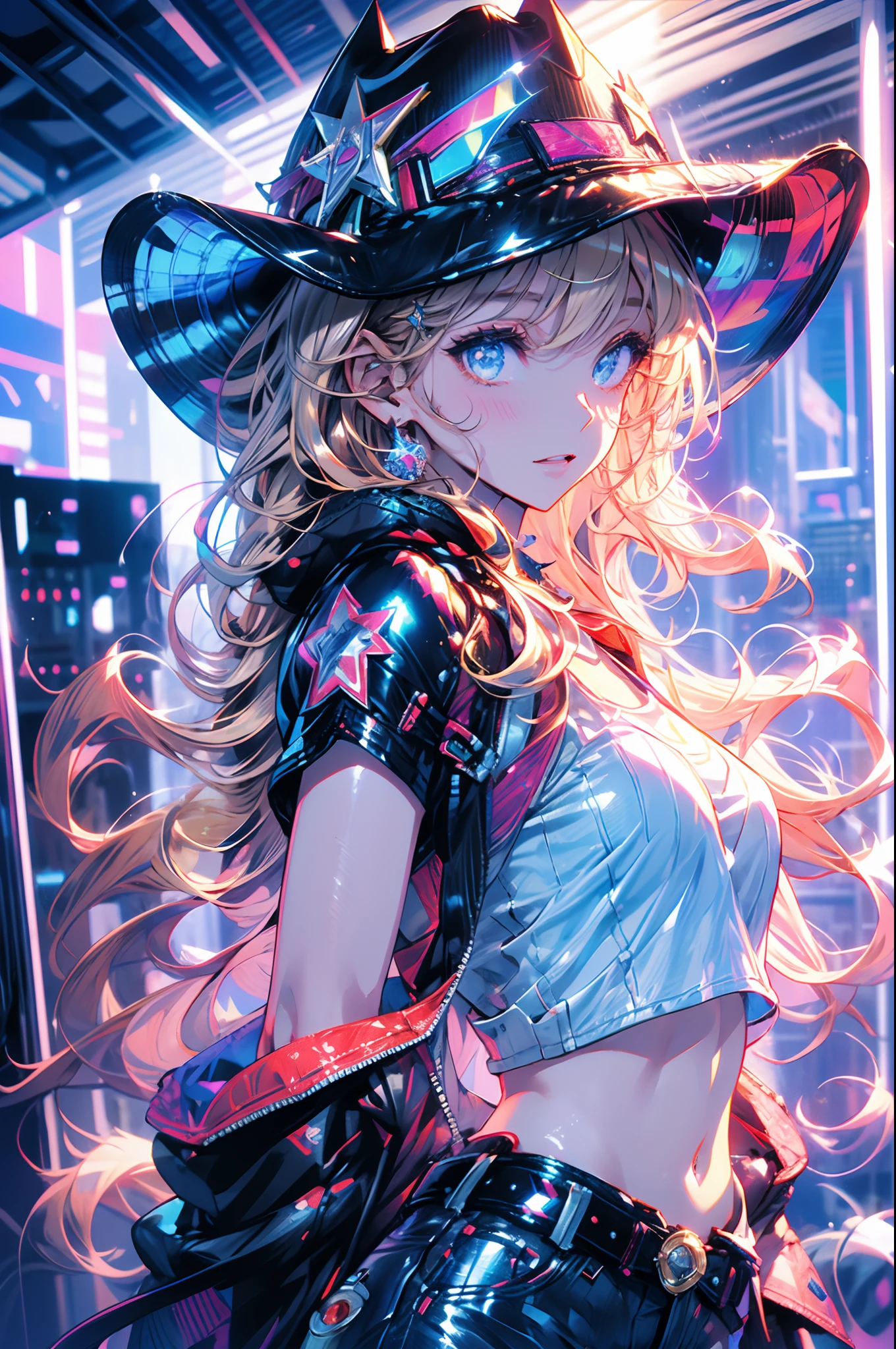1 girl, masterpiece, macross delta splash art,  best quality, white tank top, midriff, short blue jeans, small breasts, cowboy hat, gun holster on hip, highly detailed gun, realistic gun, Colt Peacemaker in hand, gun aimed forward, sheriff badge, bullets on belt, brown leather duster, leather overcoat, detailed eyes, sparkling eyes, beautiful hands, highly detailed hands, straight hands, shiny skin, shiny hair, blue eyes, light blonde hair, tall, long hair, straight hair, full body, American flag