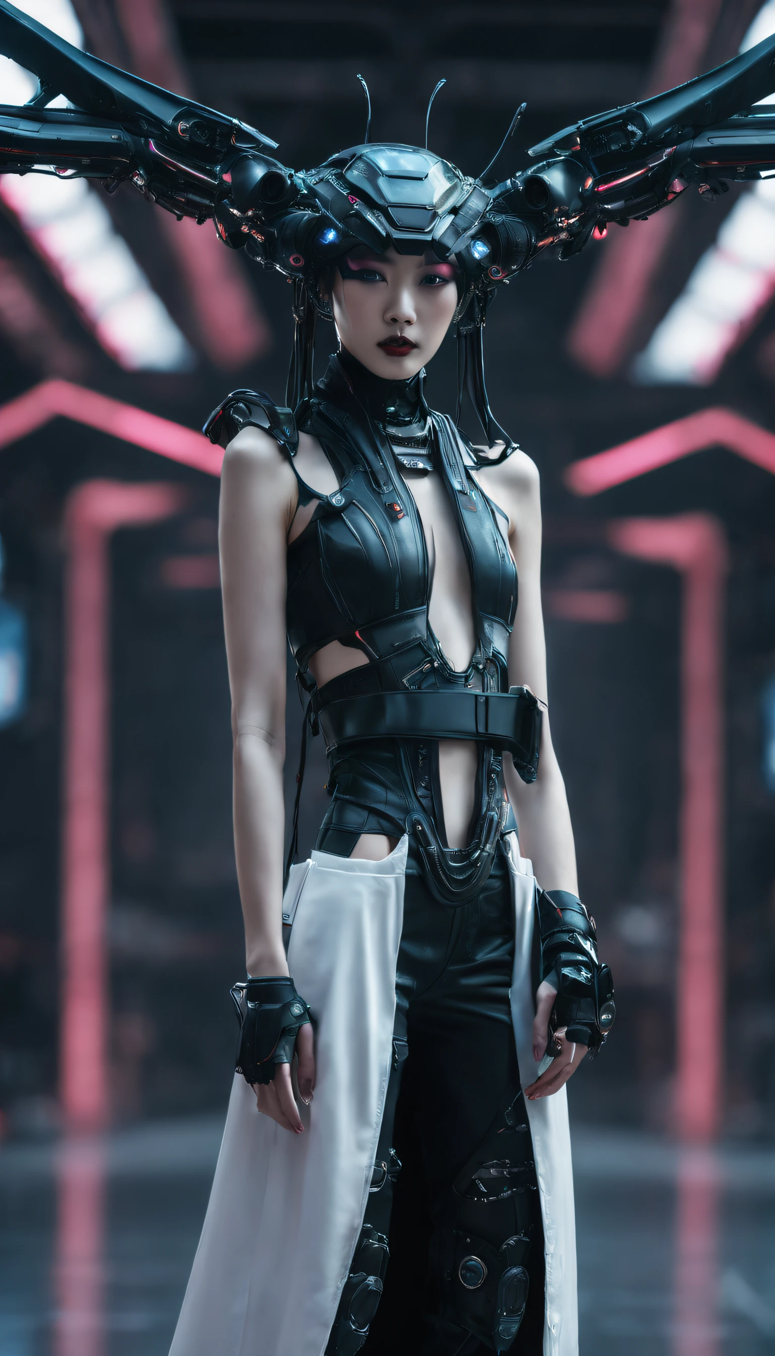 A fashion runway for alien technology , Cyberpunk fashion photography , Inspired by Chinese Xianxia and dark gothic。(Best quality,4K,8K,A high resolution,Masterpiece:1.2), (Realistic,Photorealistic,photo-realistic:1.37).