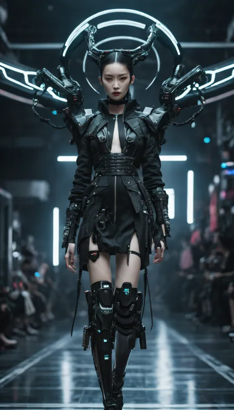 A fashion runway for alien technology , Cyberpunk fashion photography , Inspired by Chinese Xianxia and Dark Gothic。(Best qualit...