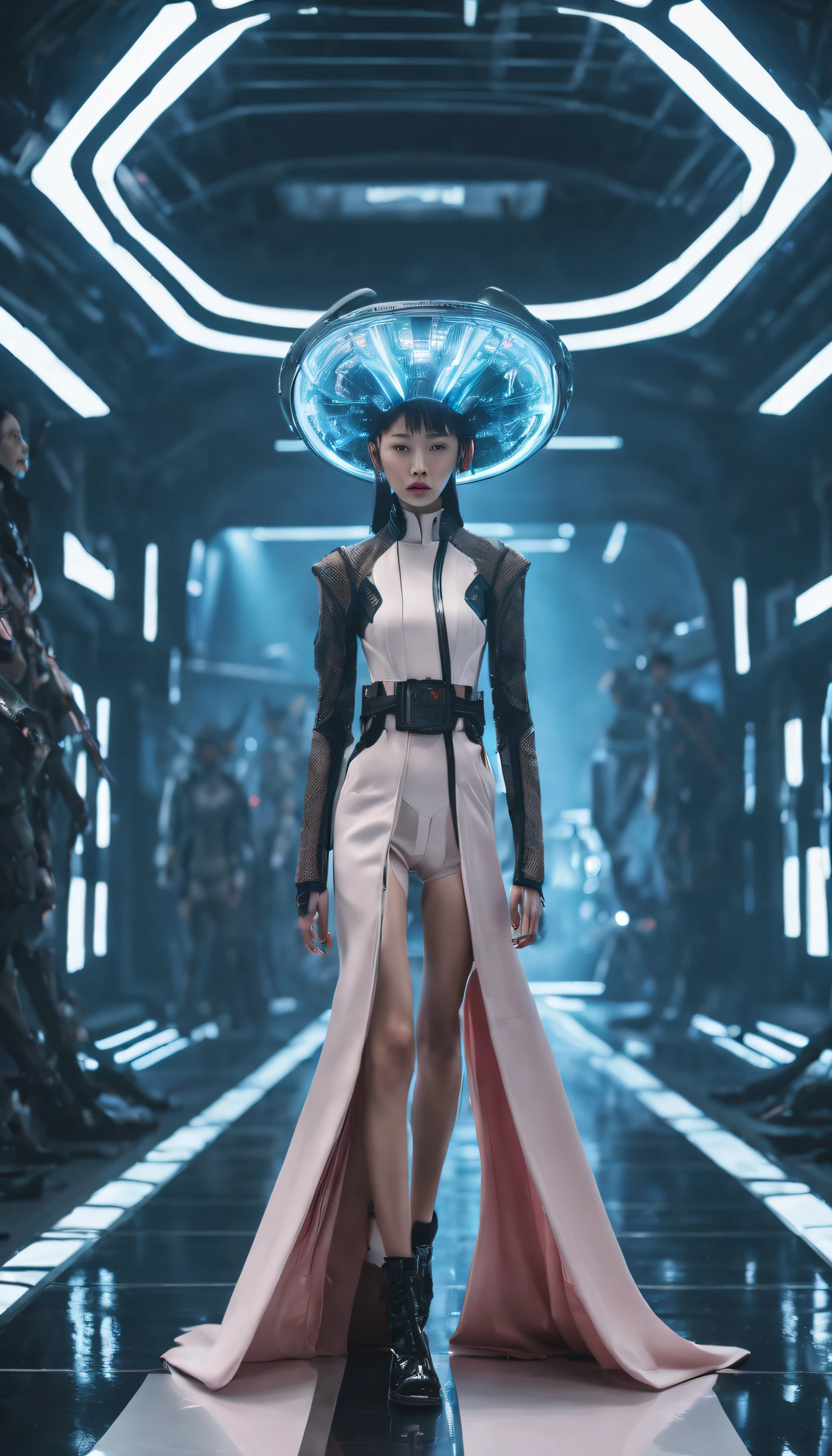 Un défilé de mode pour la technologie extraterrestre , photographie de mode , Inspiré du Xianxia chinois et du cyberpunk。(meilleure qualité,4K,8k,Une haute résolution,chef-d&#39;œuvre:1.2), (réaliste,photoréaliste,photo-réaliste:1.37).