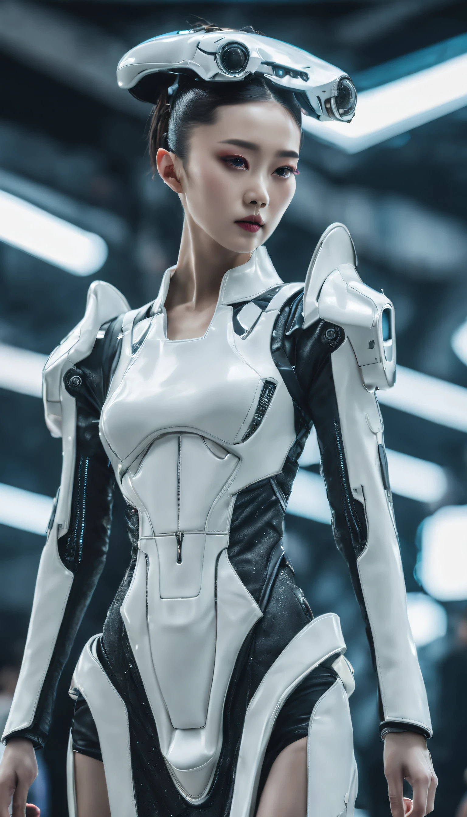 A fashion runway for alien technology , vogue photography , Inspired by Chinese Xianxia and cyberpunk。(Best quality,4K,8K,A high resolution,Masterpiece:1.2), (Realistic,Photorealistic,photo-realistic:1.37).