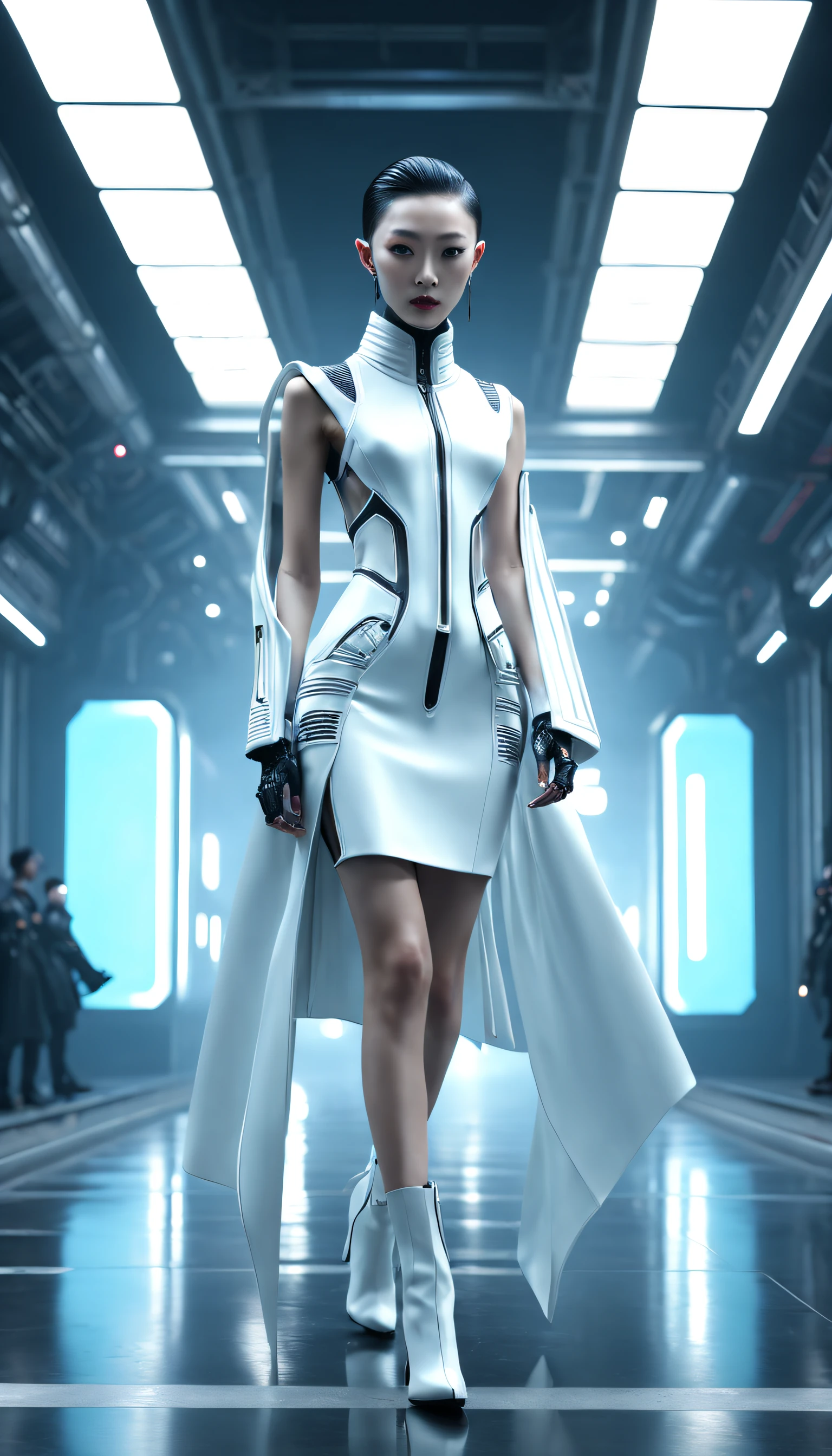 A fashion runway for alien technology , vogue photography , Inspired by Chinese Xianxia and cyberpunk。(Best quality,4K,8K,A high resolution,Masterpiece:1.2), (Realistic,Photorealistic,photo-realistic:1.37).