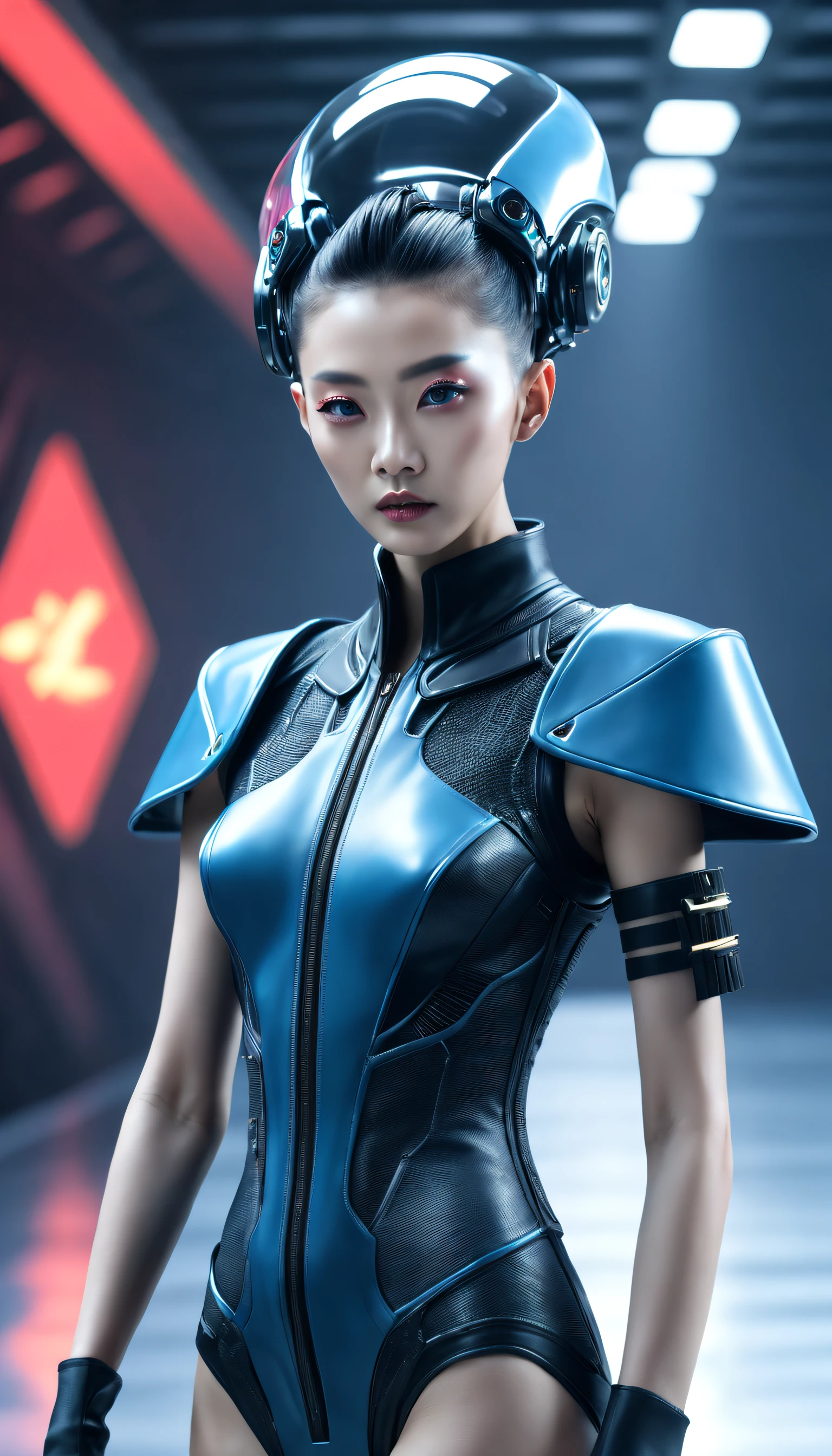 A fashion runway for alien technology , vogue photography , Inspired by Chinese Xianxia and cyberpunk。(Best quality,4K,8K,A high resolution,Masterpiece:1.2), (Realistic,Photorealistic,photo-realistic:1.37).