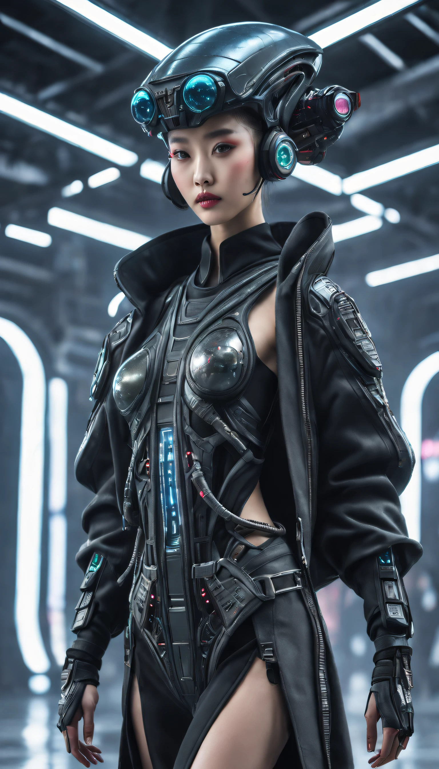 A fashion runway for alien technology , vogue photography , Inspired by Chinese Xianxia and cyberpunk。(Best quality,4K,8K,A high resolution,Masterpiece:1.2), (Realistic,Photorealistic,photo-realistic:1.37).