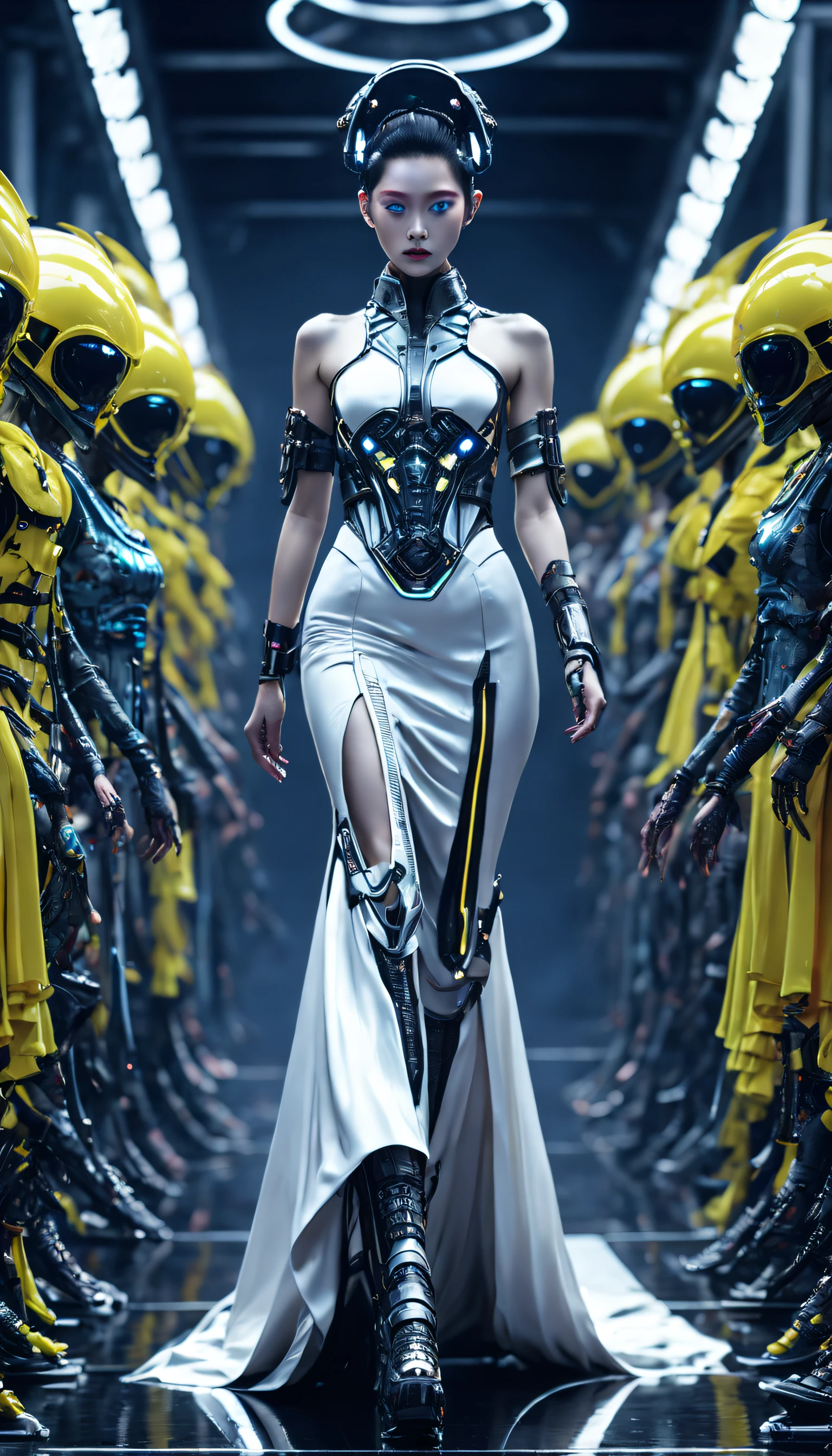 A fashion runway for alien technology , vogue photography , Inspired by Chinese Xianxia and cyberpunk。(Best quality,4K,8K,A high resolution,Masterpiece:1.2), (Realistic,Photorealistic,photo-realistic:1.37).