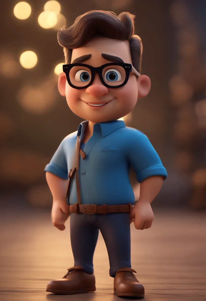 Cartoon character of a man wearing black glasses and a blue shirt, um personagem animado, Caractere estilizado, animation style rendering, 3D estilizado, Arnold Maya render, 3 d render stylized, toon render keyshot, Personagem 3D, Personagem 3D, 3d rendering stylized, 3 d character render, personagem de desenho animado, Personagem de close up, Pose de personagem, (Estilo Pixar) (master part:1.2) (Bokeh) (best quality) (pele detalhada) (textura detalhada) (8k) (argila) (Cinematic lighting) (foco nítido，Senta e vaza a parte superior do corpo