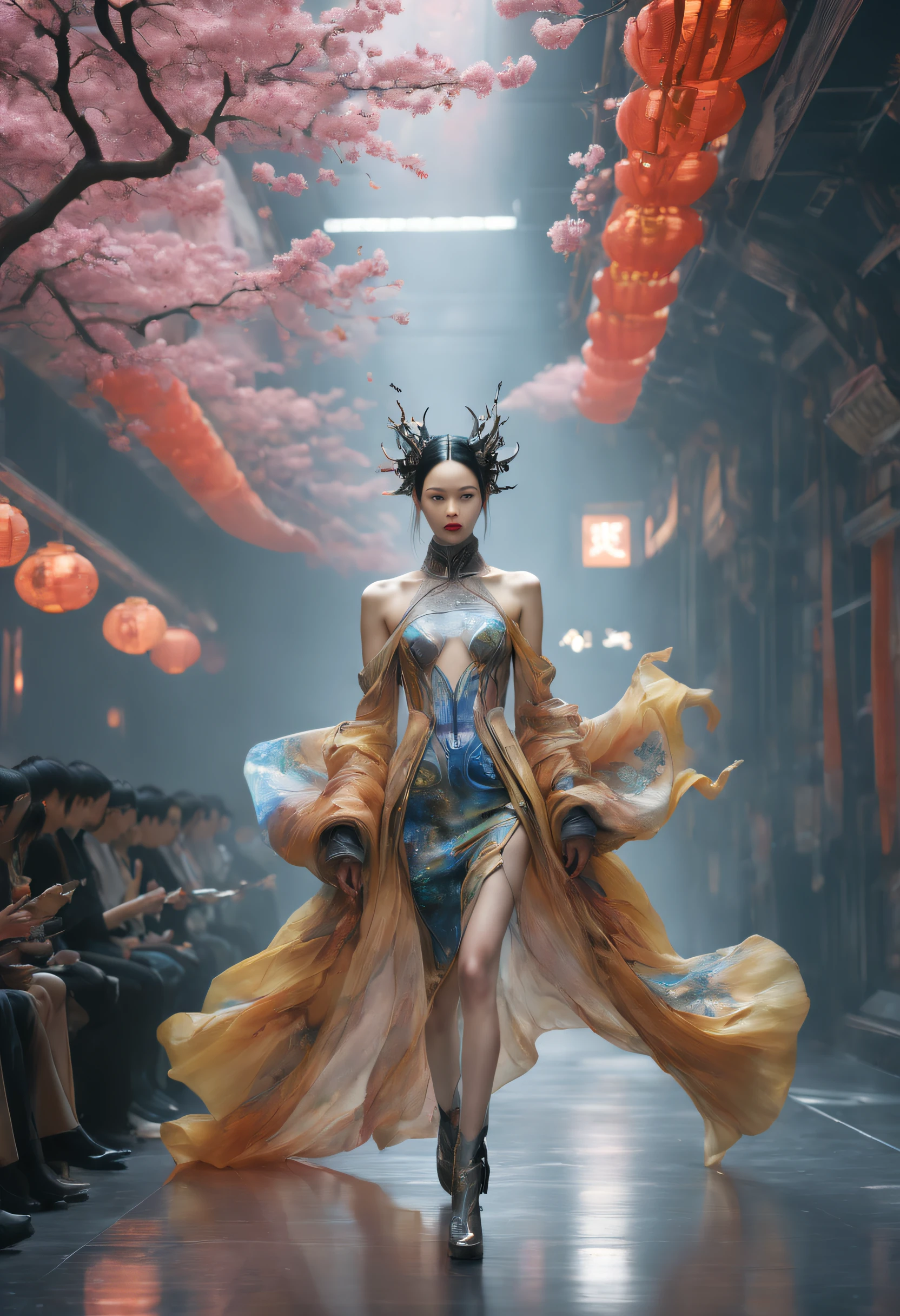 Optimal image, (8K, RAW photo, Realistic), Delicate and delicate brushstrokes and gorgeous and dynamic painting techniques, A full-body photo of a fashion model，A fashion runway for alien technology , vogue photography , Inspired by Chinese Xianxia and cyberpunk。(Best quality,4K,8K,A high resolution,Masterpiece:1.2), (Realistic,Photorealistic,photo-realistic:1.37).