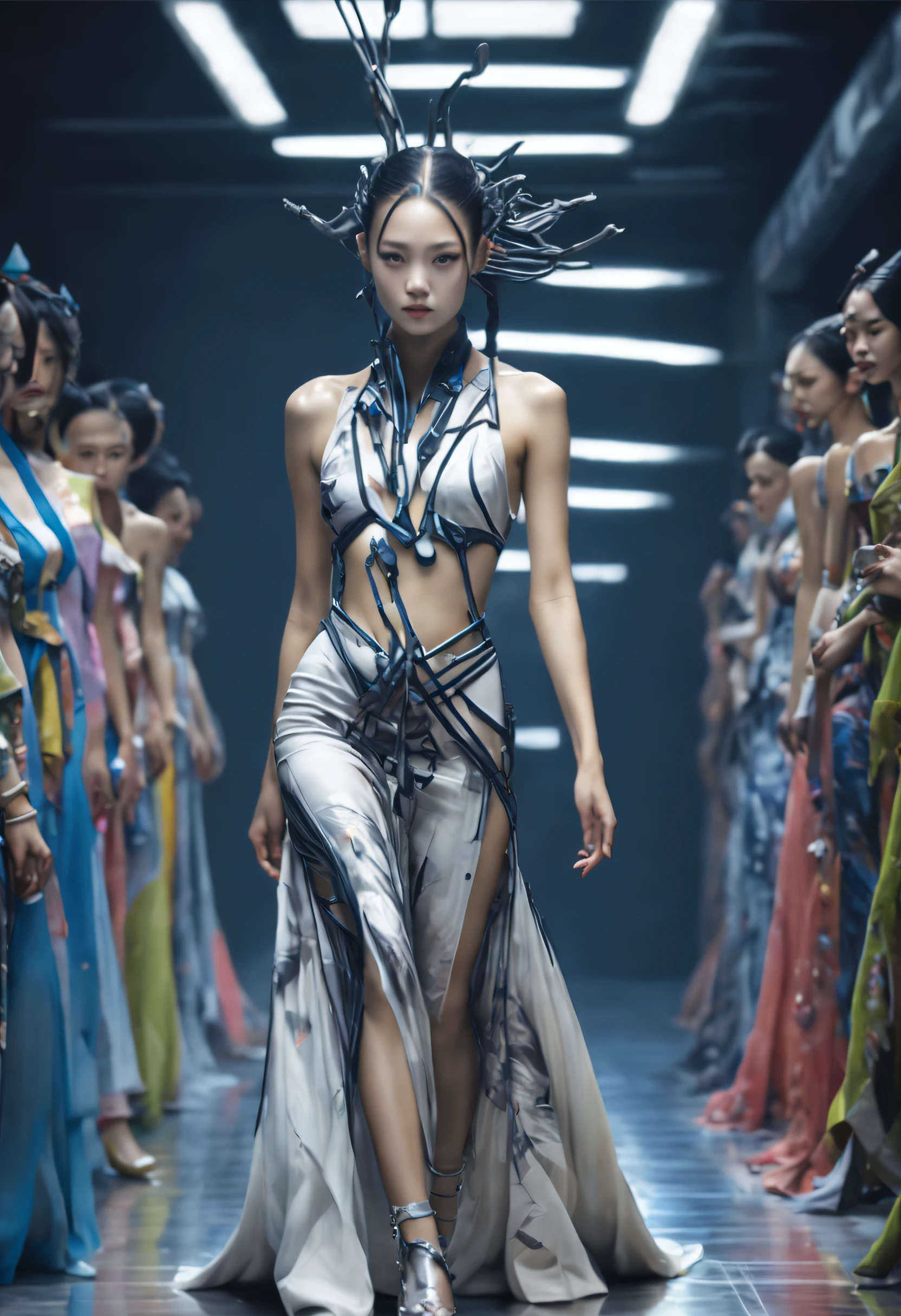 Optimal image, (8K, RAW photo, Realistic), Delicate and delicate brushstrokes and gorgeous and dynamic painting techniques, A full-body photo of a fashion model，A fashion runway for alien technology , vogue photography , Inspired by Chinese Xianxia and cyberpunk。(Best quality,4K,8K,A high resolution,Masterpiece:1.2), (Realistic,Photorealistic,photo-realistic:1.37).