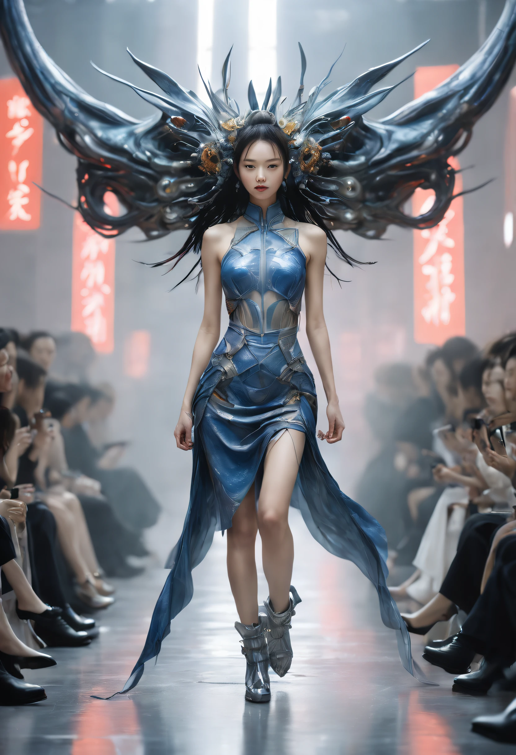 Optimal image, (8K, RAW photo, Realistic), Delicate and delicate brushstrokes and gorgeous and dynamic painting techniques, A full-body photo of a fashion model，A fashion runway for alien technology , vogue photography , Inspired by Chinese Xianxia and cyberpunk。(Best quality,4K,8K,A high resolution,Masterpiece:1.2), (Realistic,Photorealistic,photo-realistic:1.37).