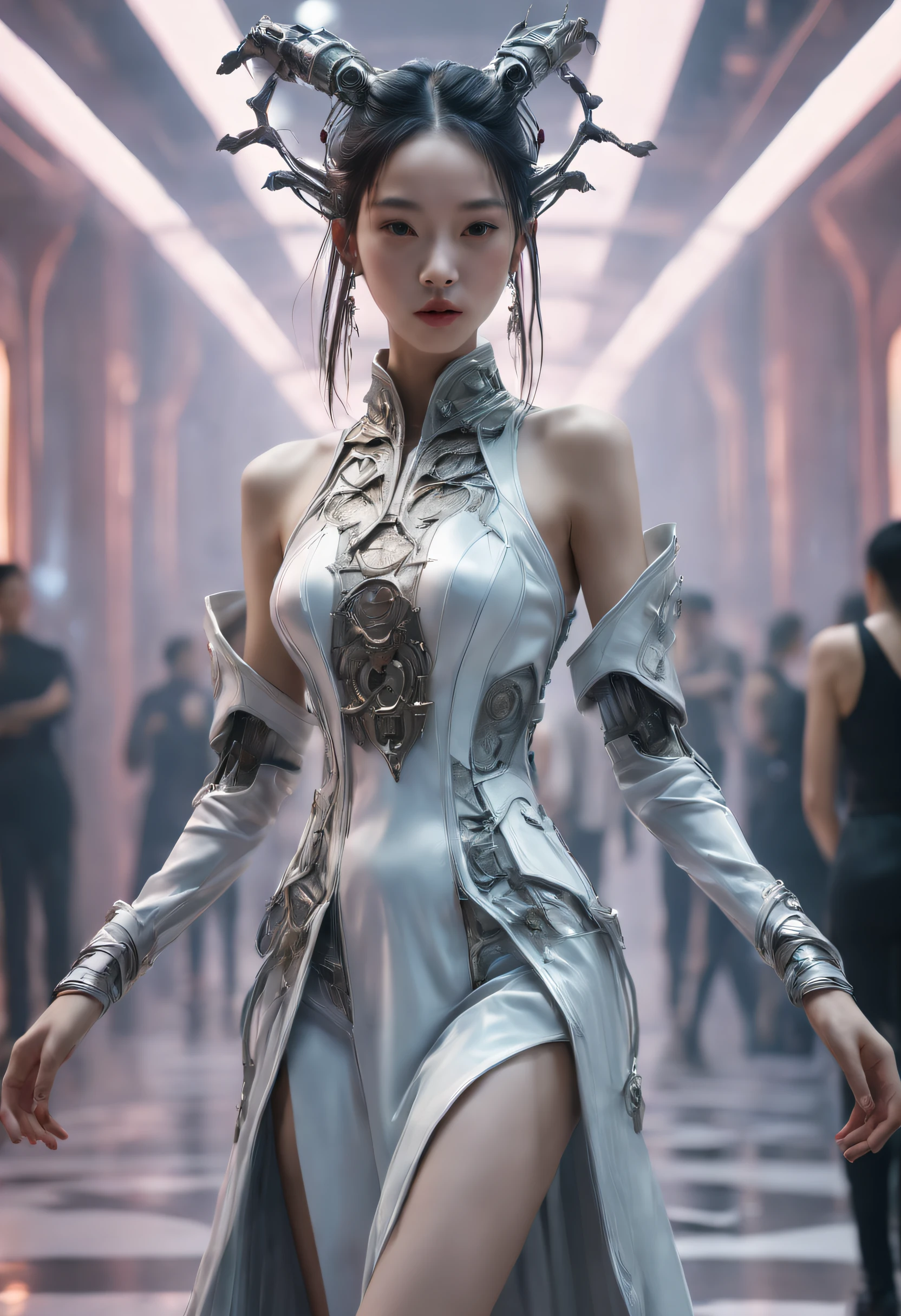 Optimal image, (8K, RAW photo, Realistic), Delicate and delicate brushstrokes and gorgeous and dynamic painting techniques, A full-body photo of a fashion model，A fashion runway for alien technology , vogue photography , Inspired by Chinese Xianxia and cyberpunk。(Best quality,4K,8K,A high resolution,Masterpiece:1.2), (Realistic,Photorealistic,photo-realistic:1.37).