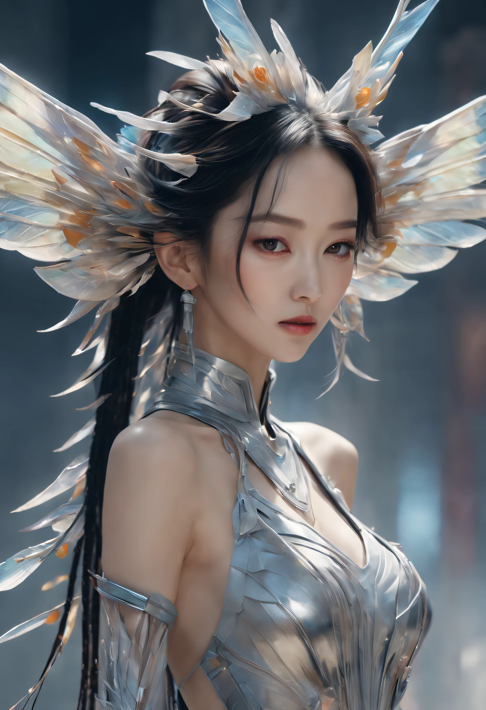 Optimal image, (8K, RAW photo, Realistic), Delicate and delicate brushstrokes and gorgeous and dynamic painting techniques, A full-body photo of a fashion model，A fashion runway for alien technology , vogue photography , Inspired by Chinese Xianxia and cyberpunk。(Best quality,4K,8K,A high resolution,Masterpiece:1.2), (Realistic,Photorealistic,photo-realistic:1.37).