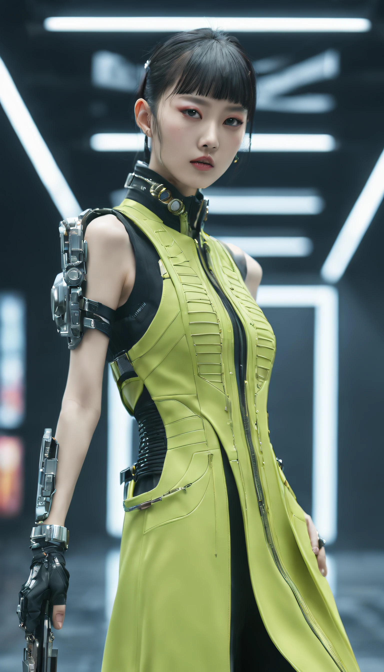 A fashion runway for alien technology , vogue photography , Inspired by Chinese Xianxia and cyberpunk。(Best quality,4K,8K,A high resolution,Masterpiece:1.2), (Realistic,Photorealistic,photo-realistic:1.37).