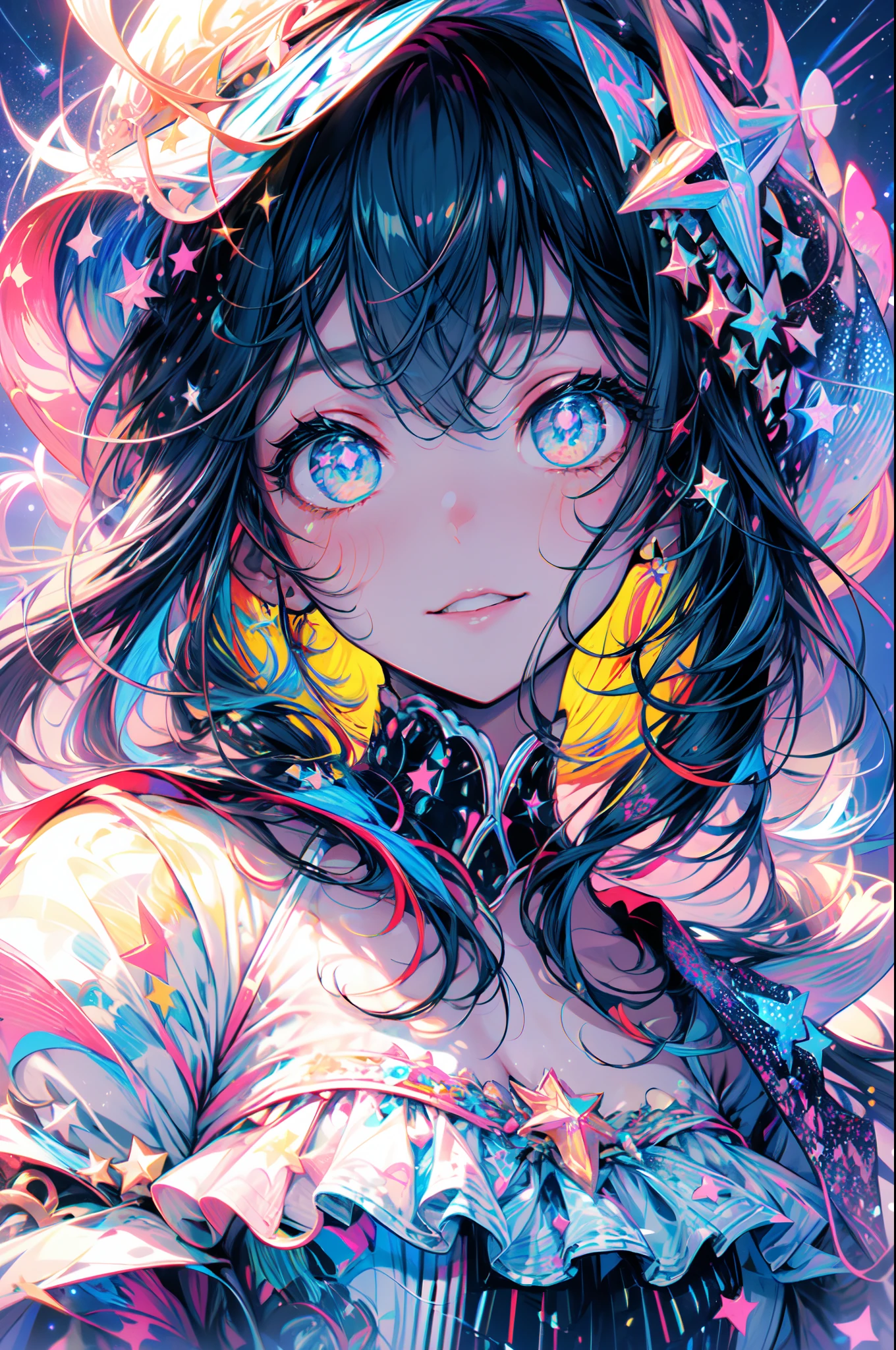 High detail, super detail, super high resolution, girl enjoying her time in the dream galaxy, surrounded by stars, warm light sprinkled on her, background is starry sky with colorful galaxies and galaxy clouds, stars flying around her, delicate face, adding playful atmosphere ,