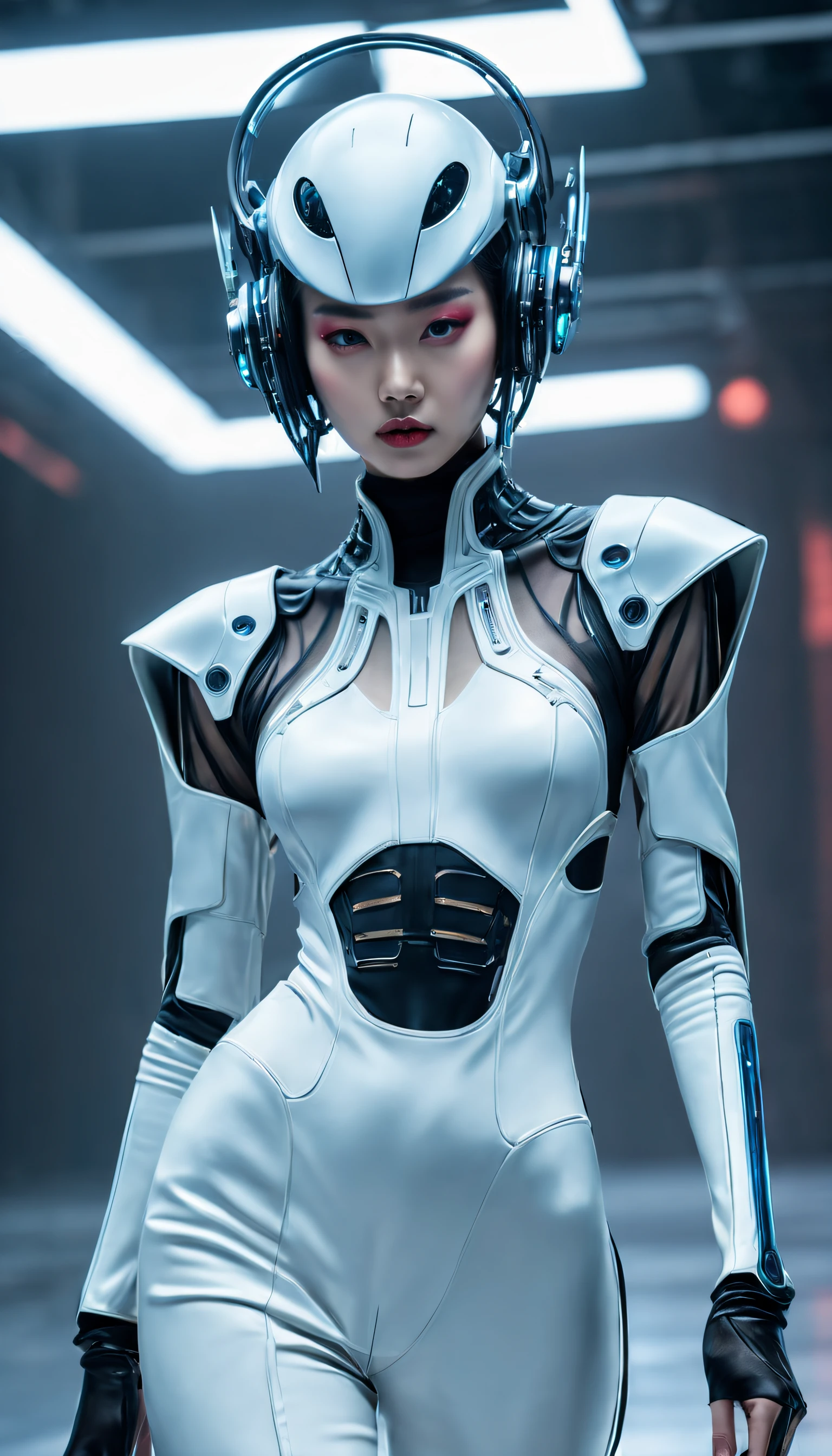 Optimal image, (8K, RAW photo, Realistic), Delicate and delicate brushstrokes and gorgeous and dynamic painting techniques, A full-body photo of a fashion model，A fashion runway for alien technology , vogue photography , Inspired by Chinese Xianxia and cyberpunk。(Best quality,4K,8K,A high resolution,Masterpiece:1.2), (Realistic,Photorealistic,photo-realistic:1.37).