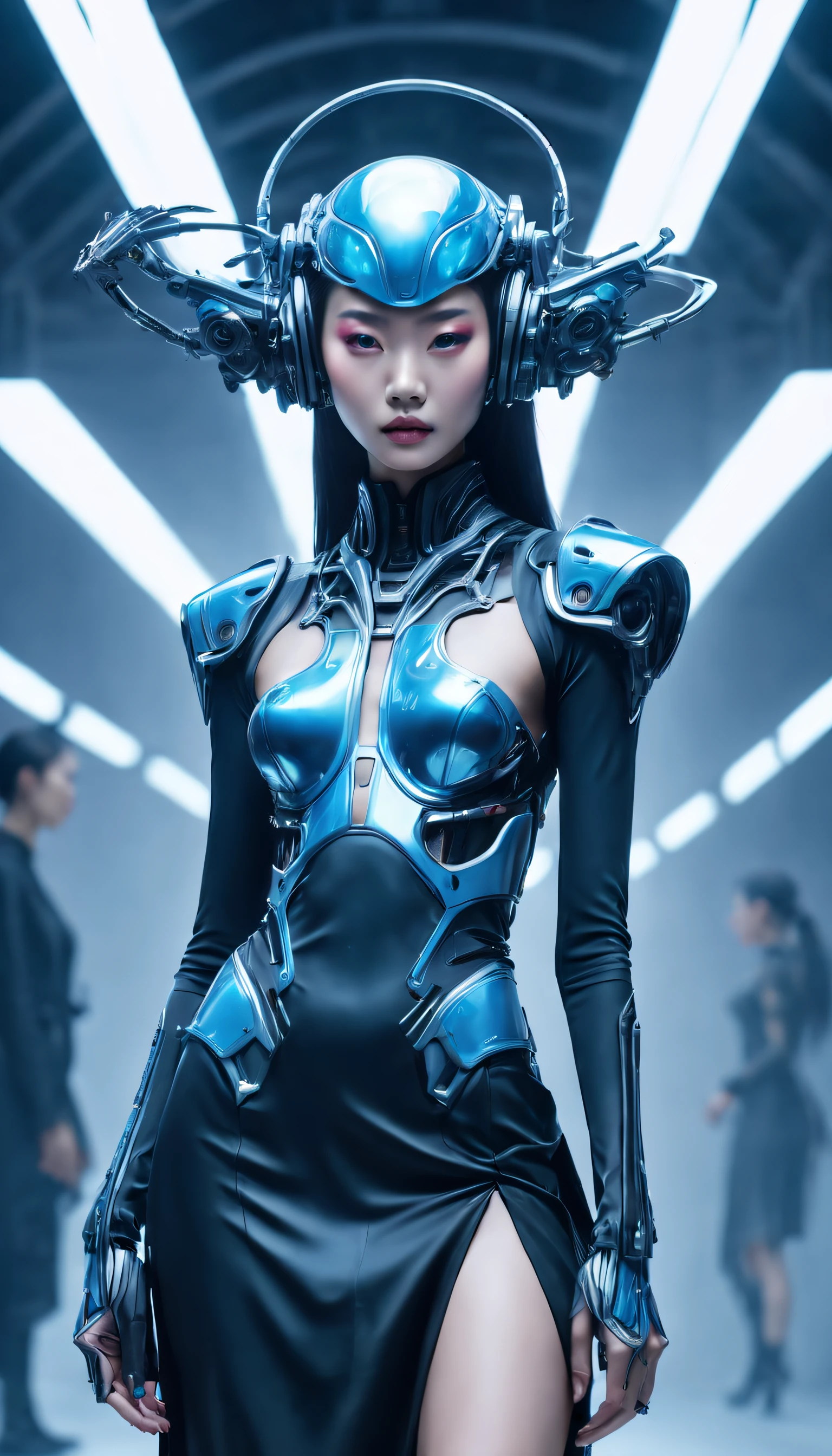 Optimal image, (8K, RAW photo, Realistic), Delicate and delicate brushstrokes and gorgeous and dynamic painting techniques, A full-body photo of a fashion model，A fashion runway for alien technology , vogue photography , Inspired by Chinese Xianxia and cyberpunk。(Best quality,4K,8K,A high resolution,Masterpiece:1.2), (Realistic,Photorealistic,photo-realistic:1.37).