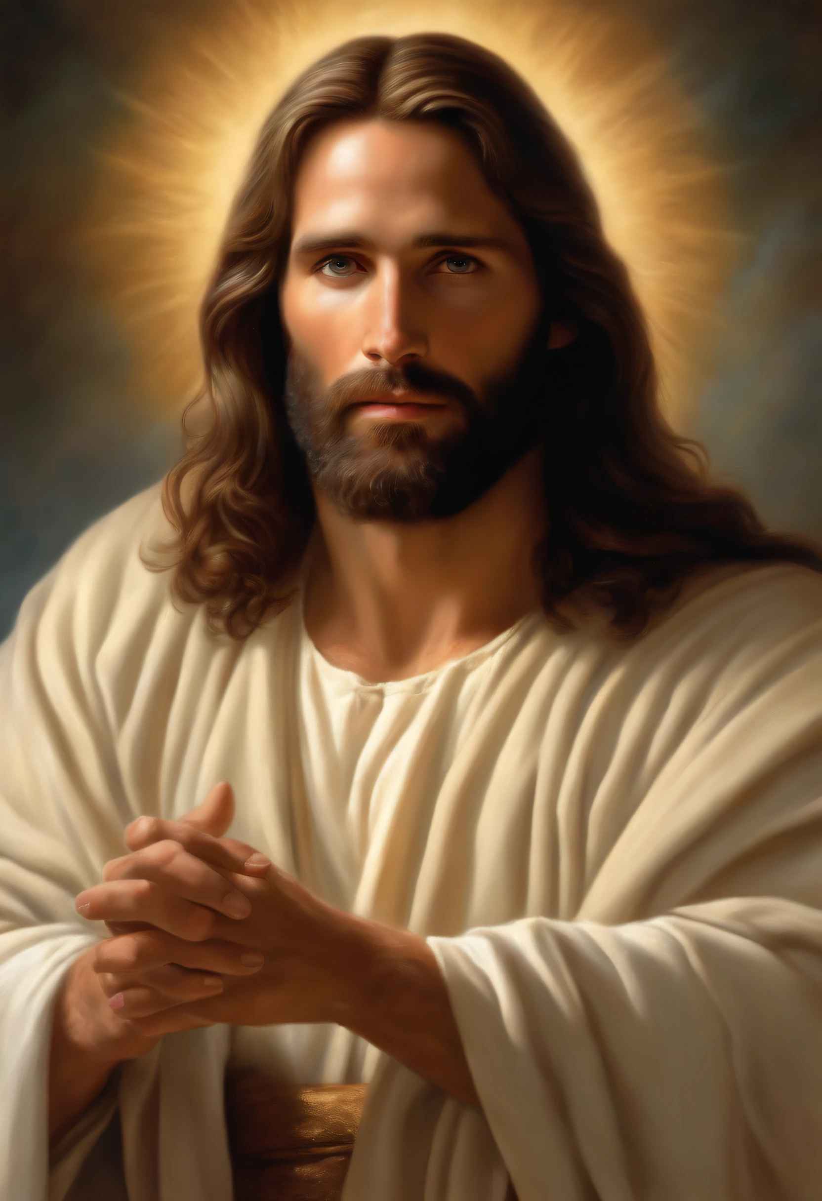 Arafed image of a man with long hair and beard, portrait of Jesus Christ, Jesus Christ, Greg Olsen, Jesus of Nazareth, painted in high resolution, The Lord and Savior, Jon McNaughton, 8K resolution. Oil on canvas, face of Jesus, portrait of religious masterpiece, ultra detail. Digital painting, dressed as Jesus Christ, very beautiful portrait, heavenly background
