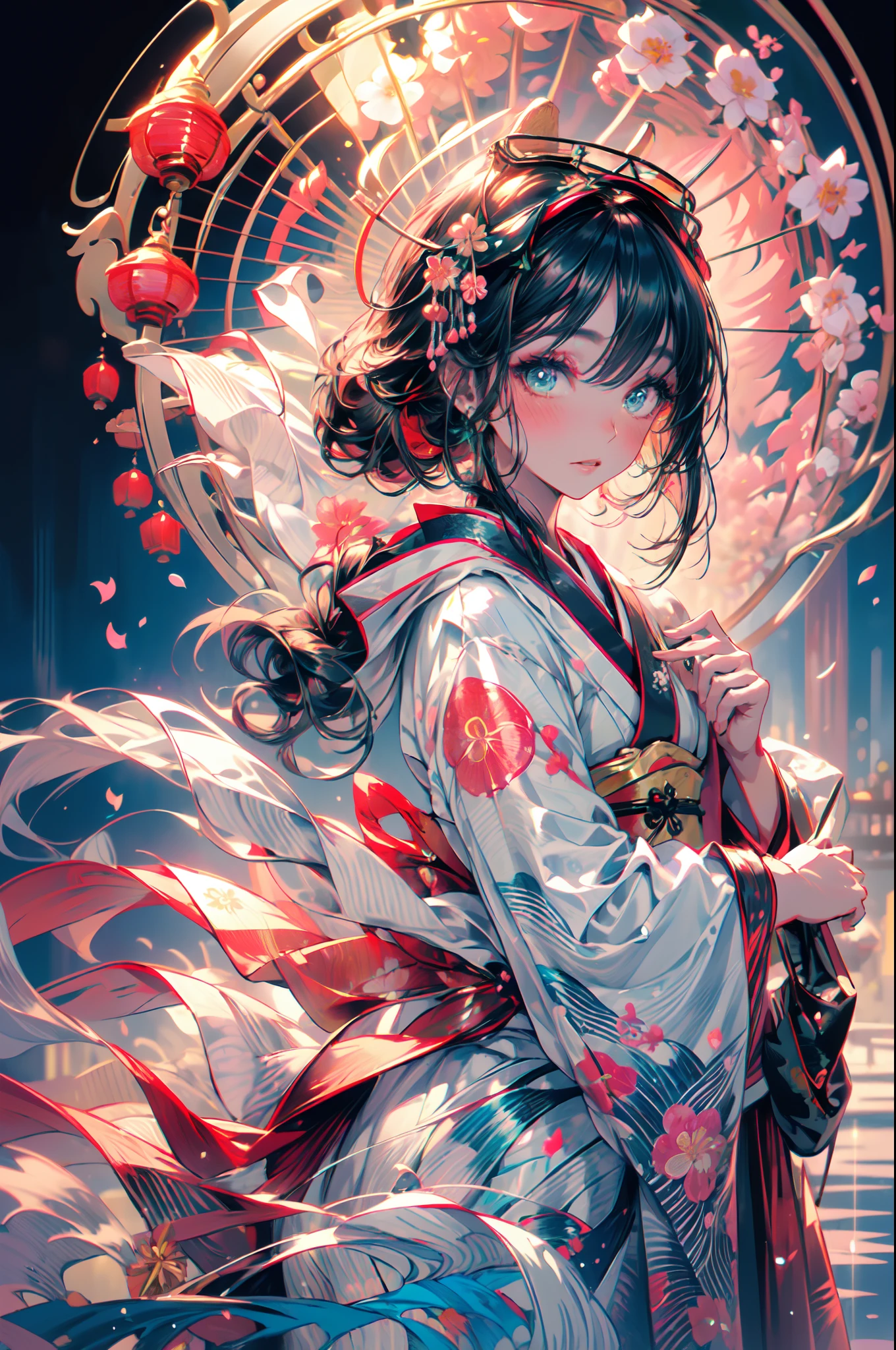 (best quality, highres, ultra-detailed, photorealistic), anime, dark-skinned geisha, green eyes, umbrella, fan, traditional Japanese costume, delicate makeup, intricate hairstyle, mysterious atmosphere, glowing lanterns, cherry blossom backdrop, dimly-lit garden, tranquil pond, flowing water, ethereal beauty