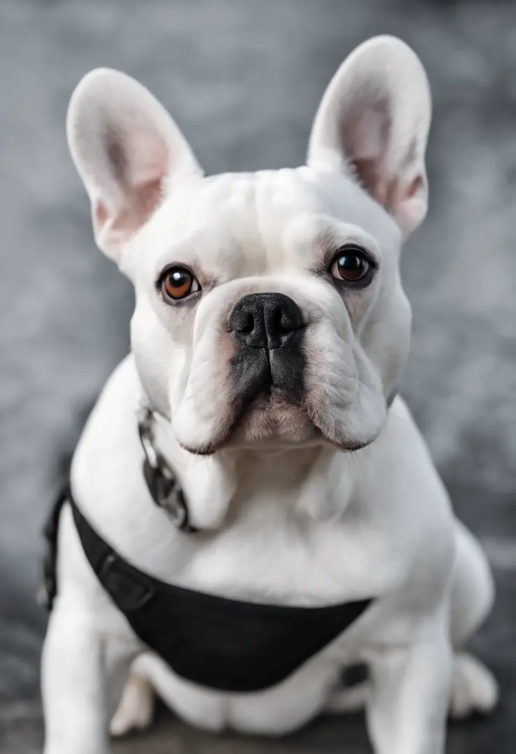 Image of an all-white French bulldog with a black muzzle for a story in a YouTube video in Pixar format, he is muscular, all white, with black eyes.