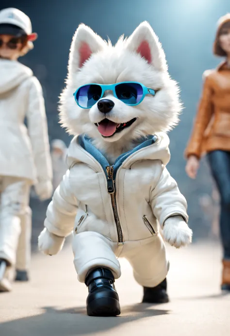 （A husky puppy in a white hat jacket walks down the runway）, （A husky puppy in a white hat jacket：1.37）, （Wearing white pants：1.37），（Human dog hybrids）,, highly fashionable, （Anthropomorphic dogs：1.1）Doggy!!!!!,, Funny dog, ,((Wearing cool sunglasses：1.3))...